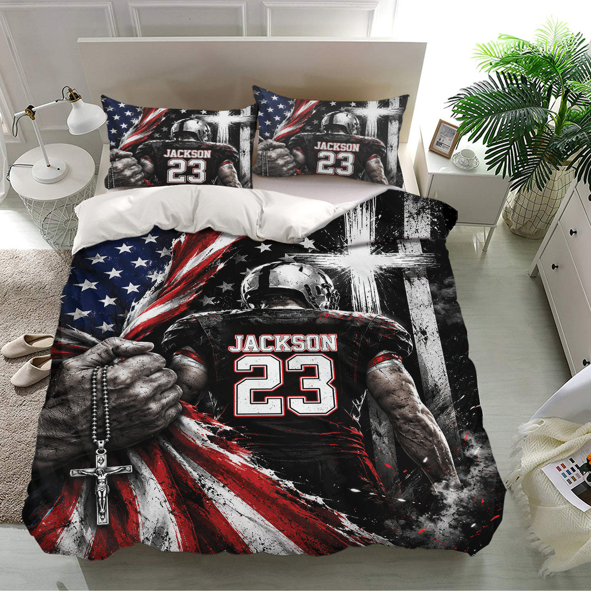 Football bedroom decor featuring a bold player duvet cover and matching pillowcases in a bright bedroom