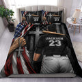 Baseball duvet cover set displayed on a bed with patriotic red, white, and blue artwork