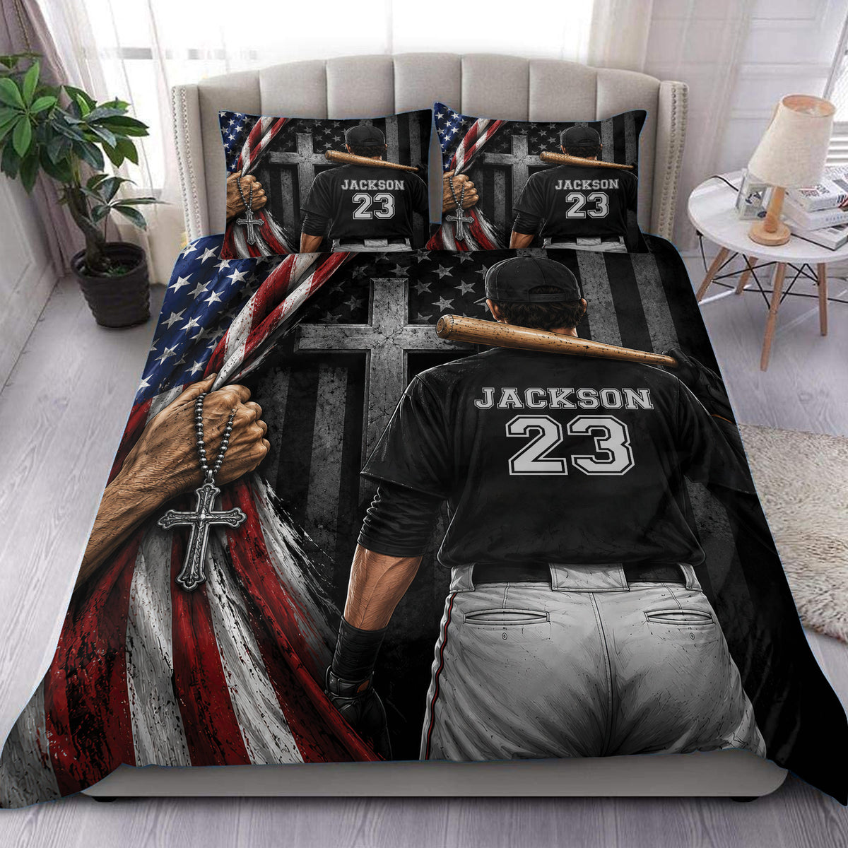 Baseball duvet cover set displayed on a bed with patriotic red, white, and blue artwork