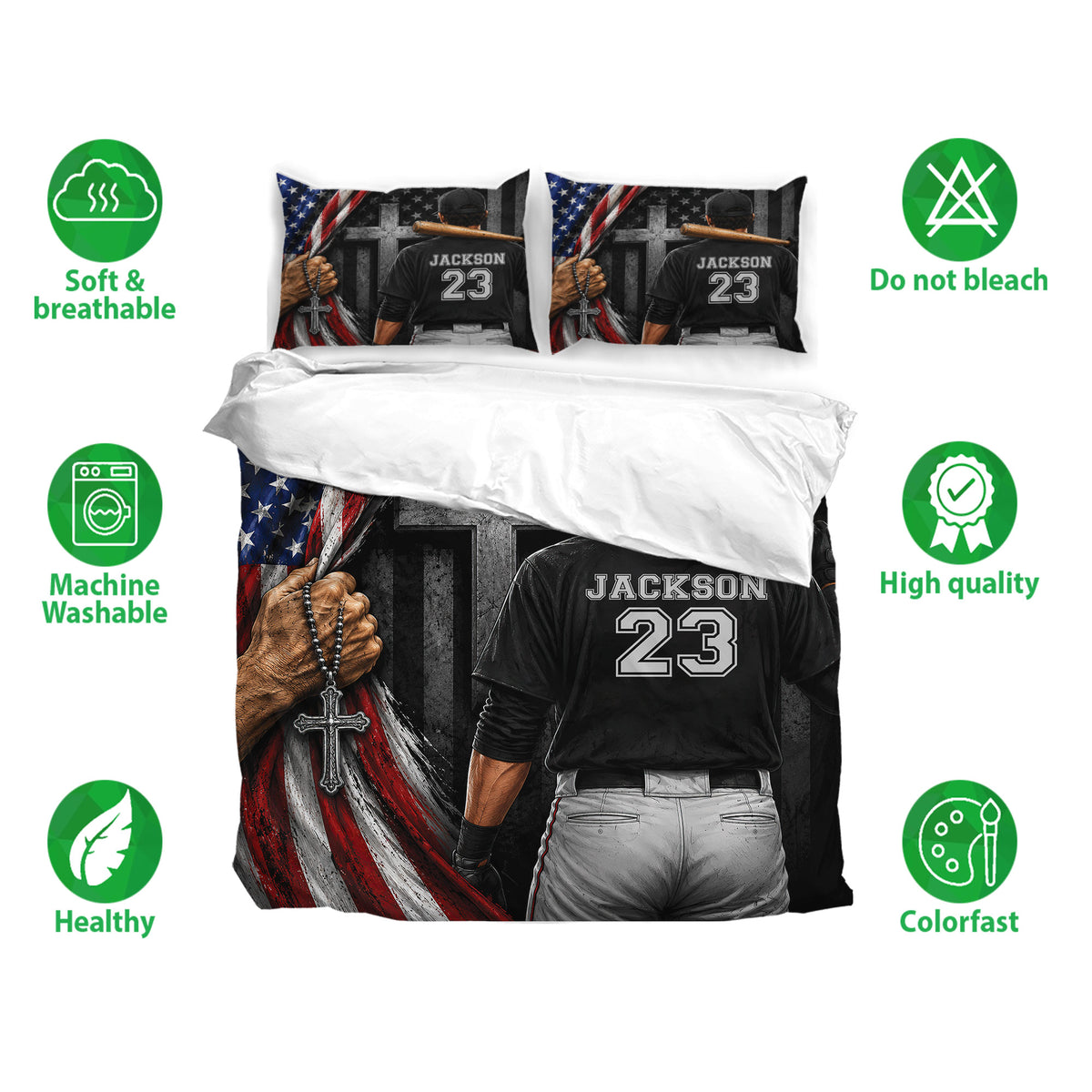 Baseball bedding set with player artwork, soft breathable fabric, and machine washable feature icons