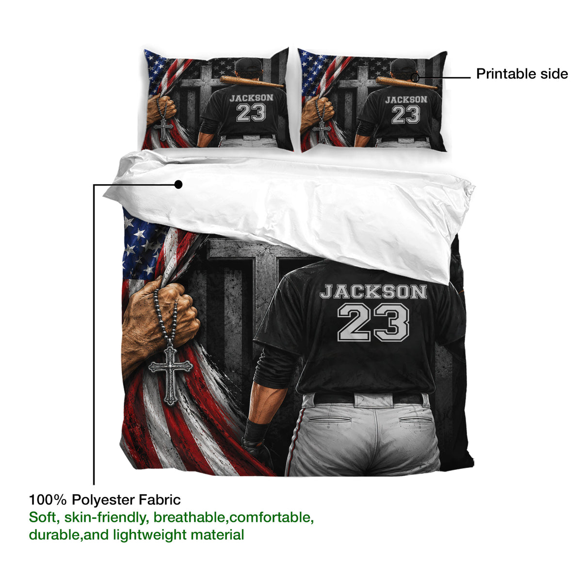 Baseball duvet cover set showing the printable artwork side and lightweight polyester fabric detail