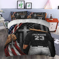 Patriotic baseball duvet cover set styled in a bedroom with matching player artwork pillowcases