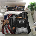 Baseball bedding set displayed in a bright bedroom with bat, player, cross, and flag-inspired artwork