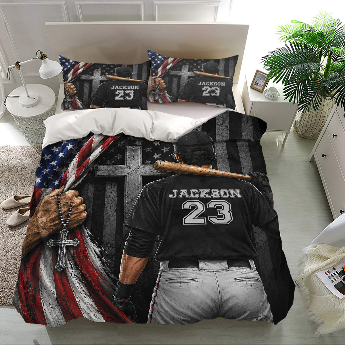 Baseball bedding set displayed in a bright bedroom with bat, player, cross, and flag-inspired artwork