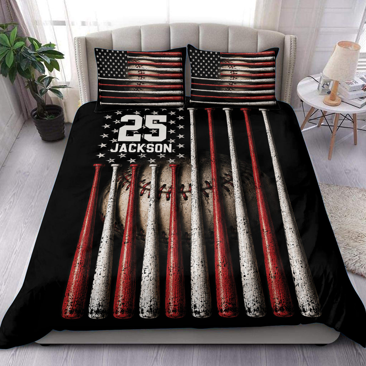 Baseball duvet cover set displayed on a bed with red and white bats, stars, and a dark athletic design