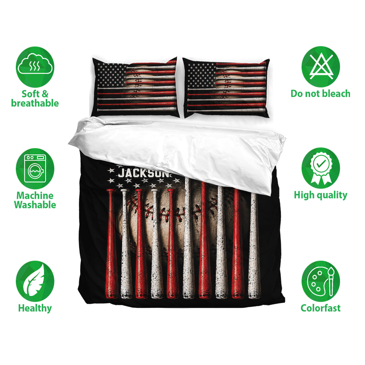 Baseball bedding set shown with matching bat-pattern pillowcases and a bold red, white, and black design