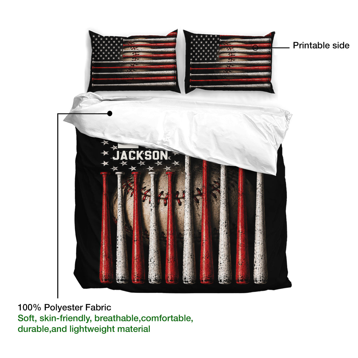 Baseball duvet cover detail showing the printed side, bat artwork, star accents, and breathable fabric callout