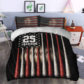 Baseball duvet cover set styled in a bedroom with dramatic red and white bat artwork on black bedding