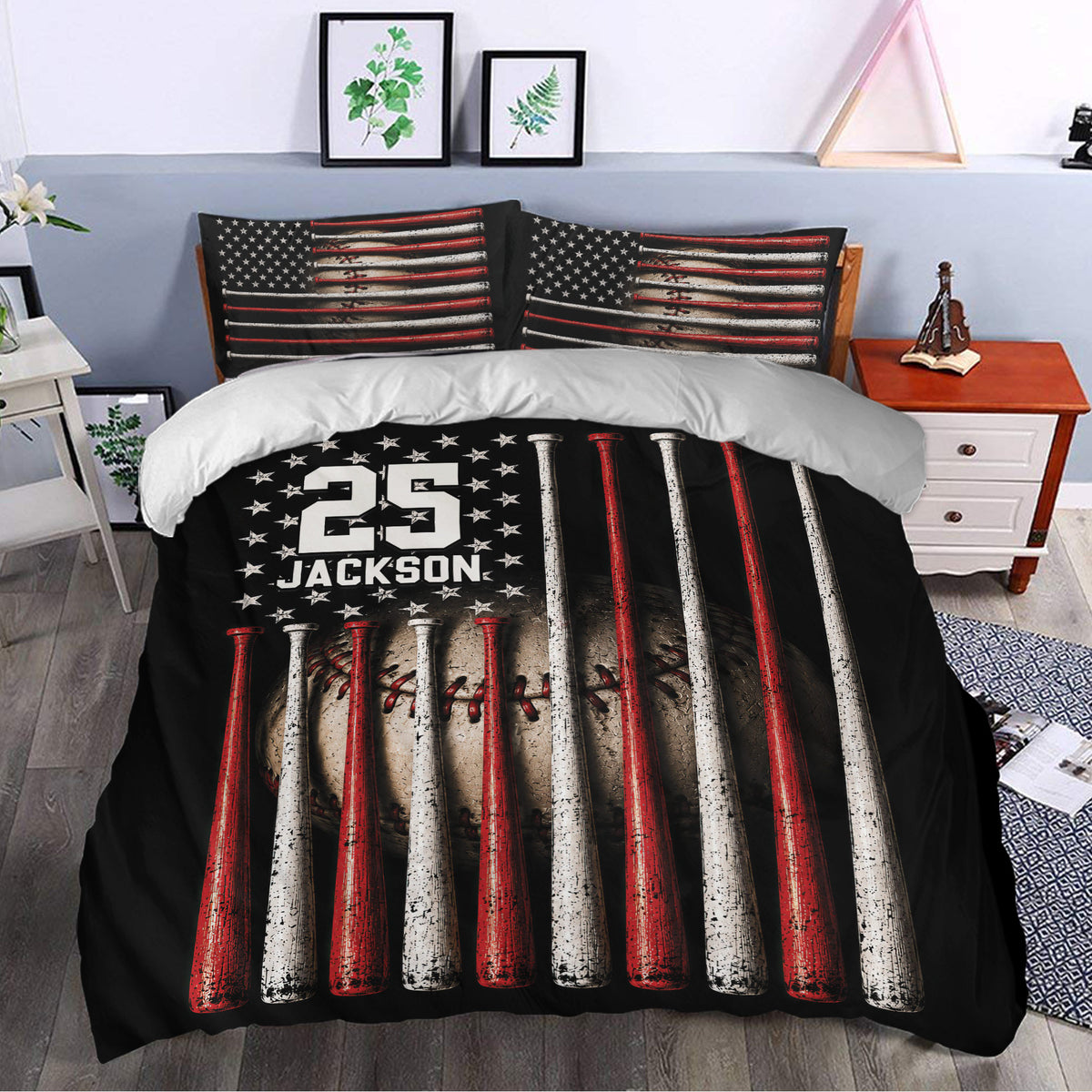 Baseball duvet cover set styled in a bedroom with dramatic red and white bat artwork on black bedding