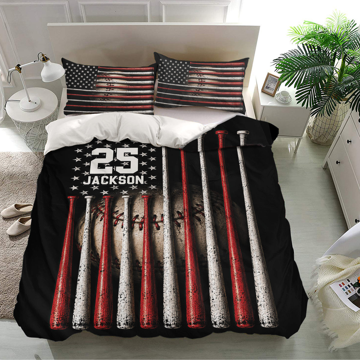 Baseball bedding set presented in a modern bedroom with matching pillows and bold vintage-style bat graphics
