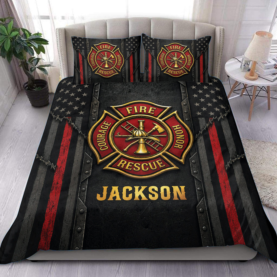 Firefighter duvet cover set with a bold red and black fire rescue crest and custom gold lettering