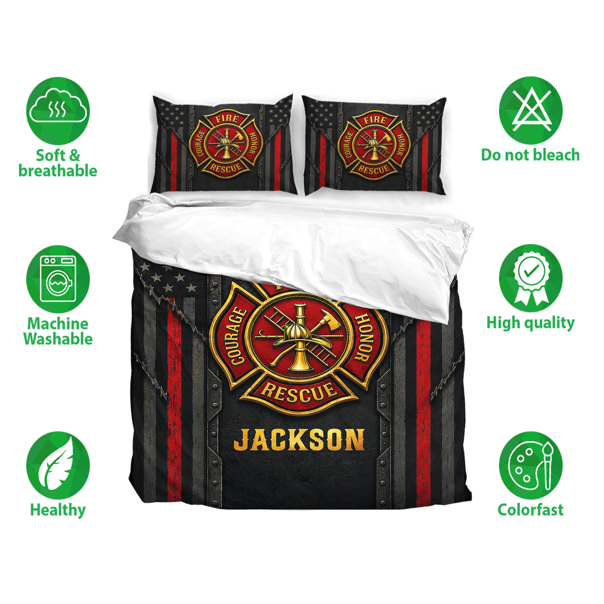 Firefighter bedding set displayed with matching pillowcases and soft breathable fabric feature icons