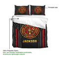 Firefighter duvet cover set showing the printable side, red rescue crest, and lightweight polyester fabric