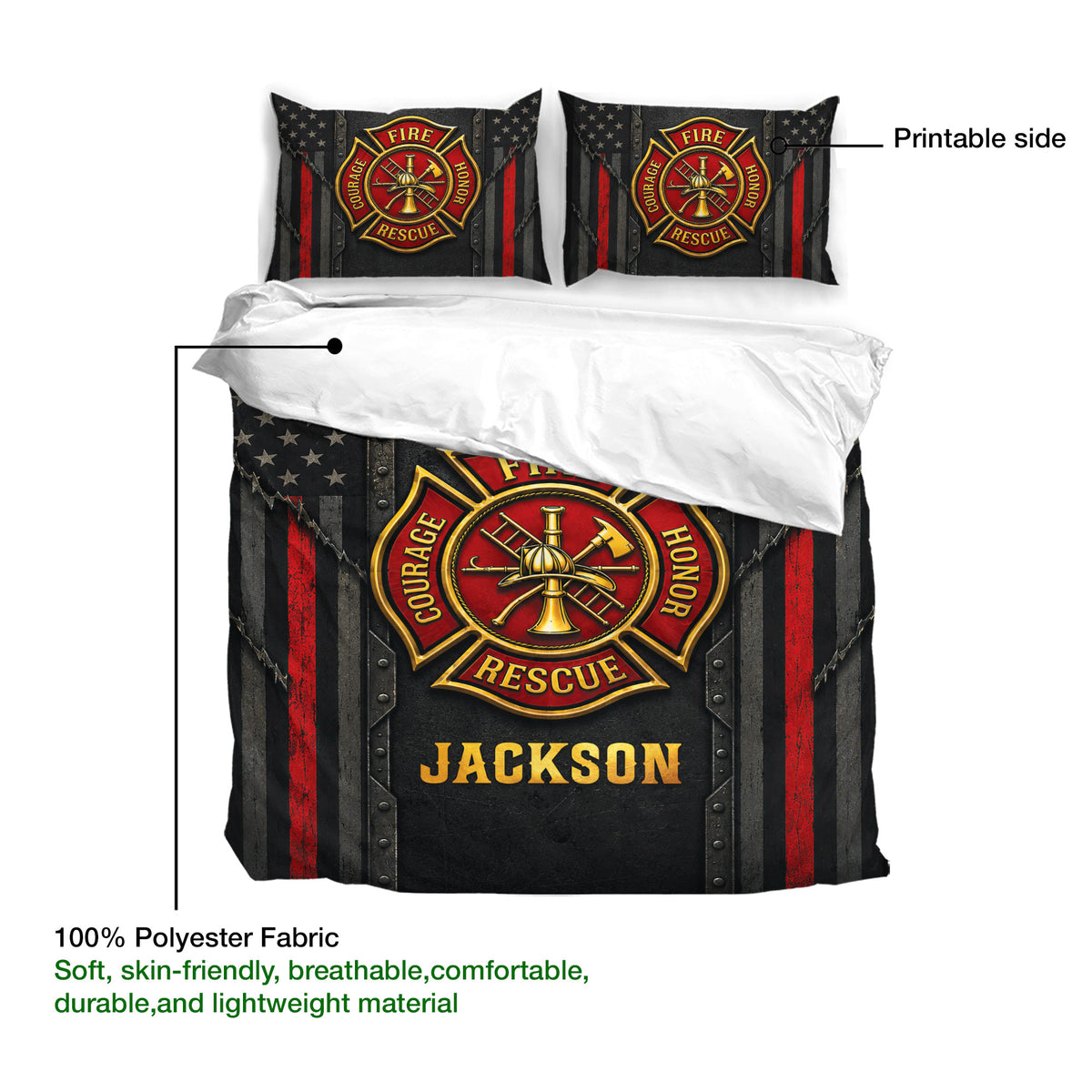 Firefighter duvet cover set showing the printable side, red rescue crest, and lightweight polyester fabric