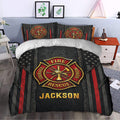 Firefighter duvet cover styled in a bedroom with black, red, and gold rescue emblem artwork