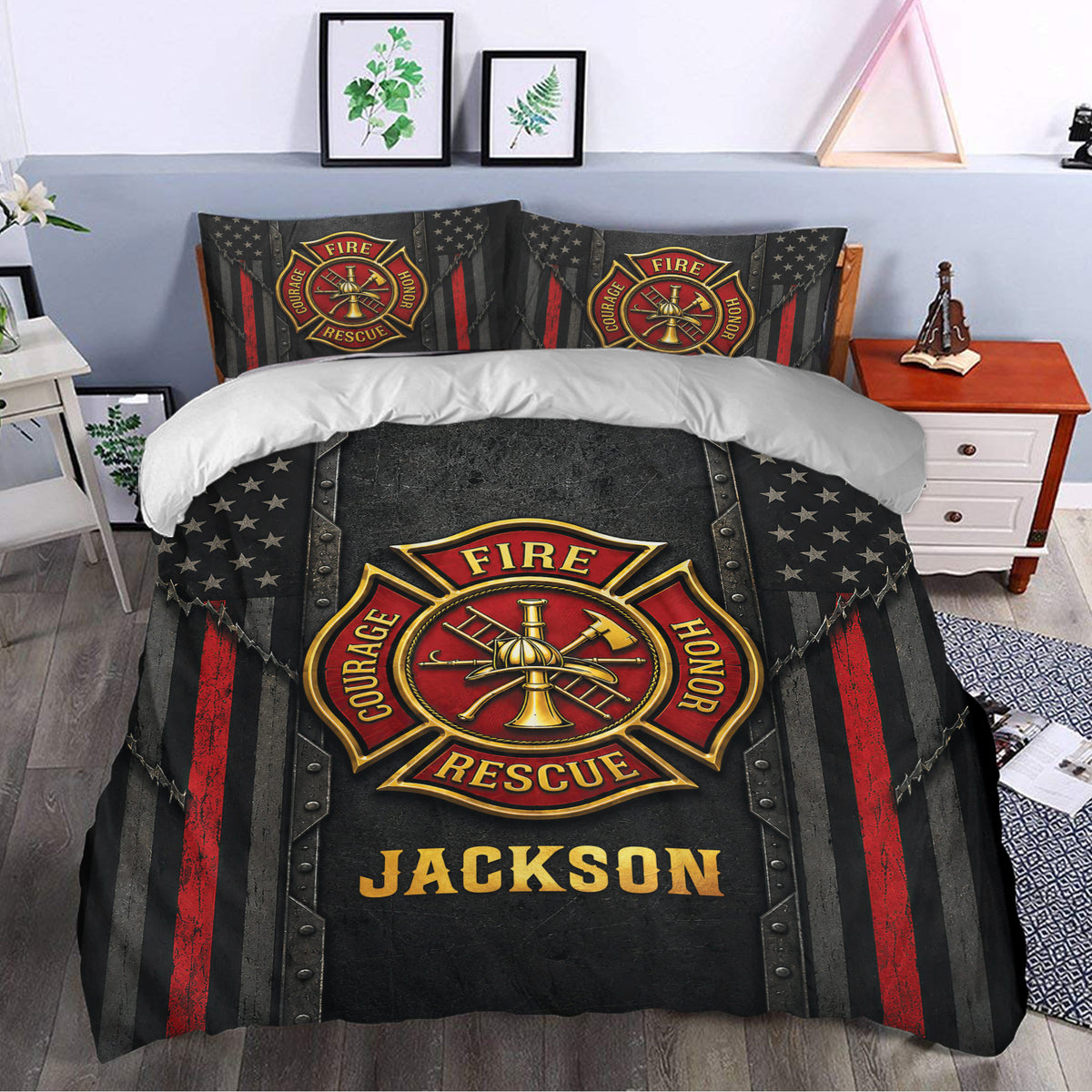 Firefighter duvet cover styled in a bedroom with black, red, and gold rescue emblem artwork