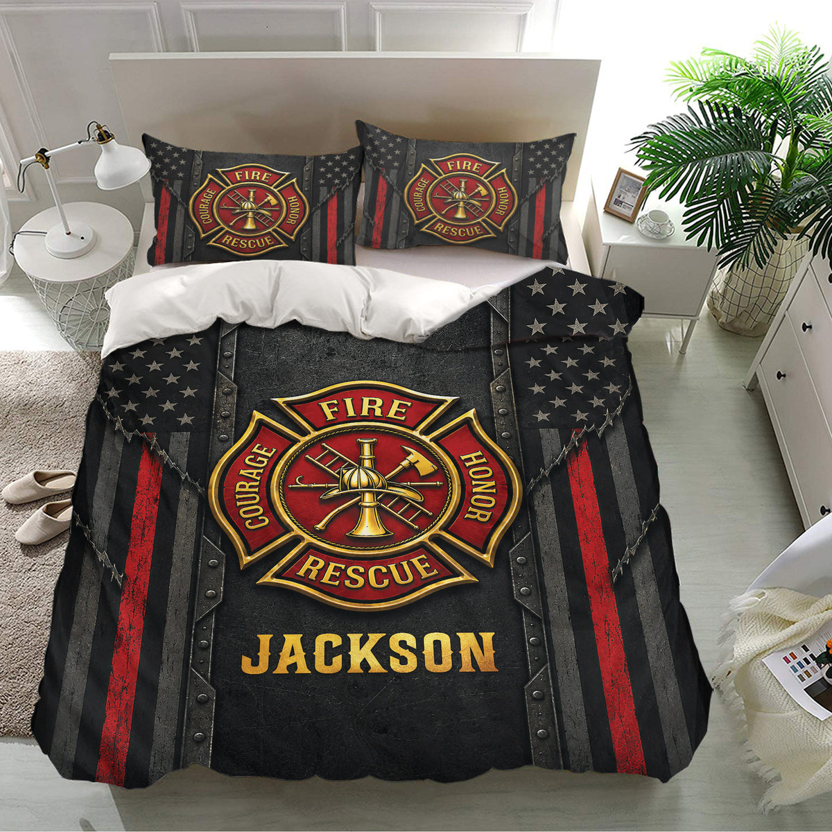 Firefighter bedding set in a modern bedroom featuring a large red rescue crest and star details