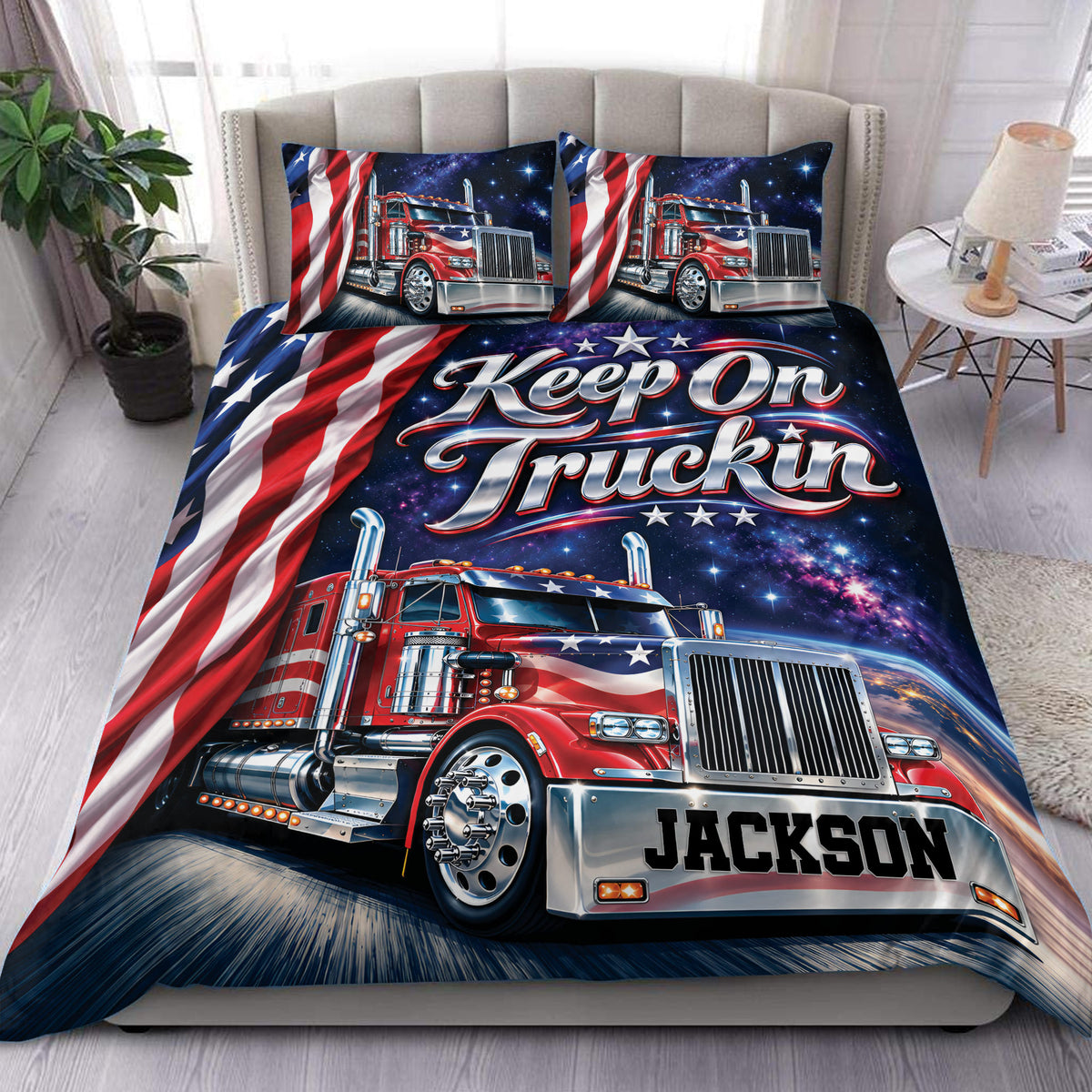 Patriotic trucker duvet cover set styled on a bedroom with red, white, and blue artwork