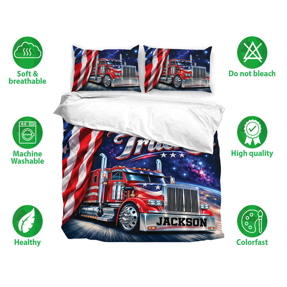 Trucker duvet cover bedding set with patriotic semi-truck artwork and breathable fabric feature icons