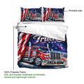 Trucker duvet cover set showing patriotic semi-truck artwork and a soft 100% polyester fabric callout