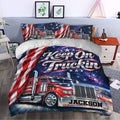 Patriotic trucker duvet cover bedding set displayed in a modern bedroom with matching pillowcases