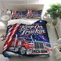 Red, white, and blue trucker bedding set with large semi-truck artwork in a bright bedroom