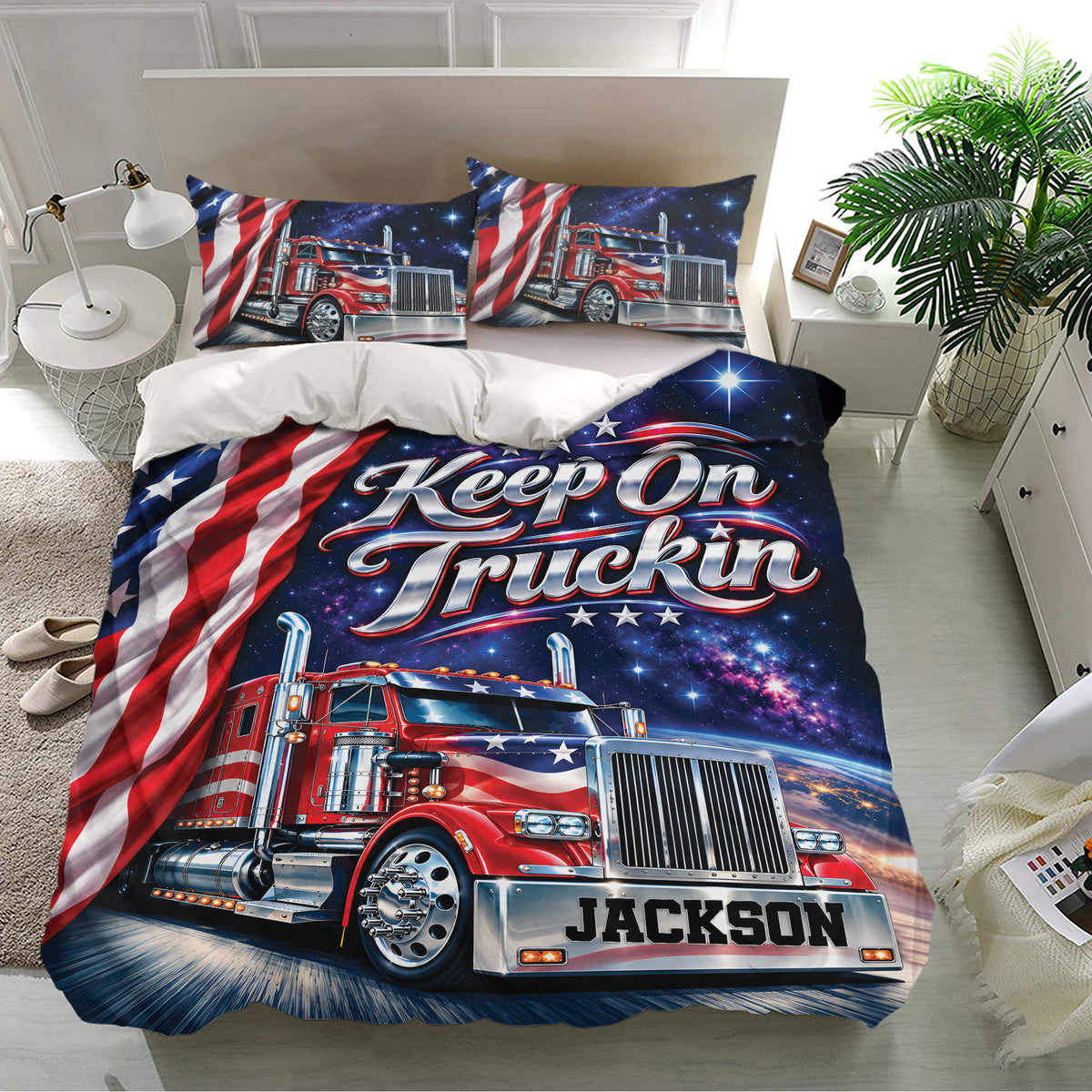 Red, white, and blue trucker bedding set with large semi-truck artwork in a bright bedroom