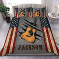 Custom guitar duvet cover set with acoustic guitar artwork, stars, stripes, and rustic bedroom styling