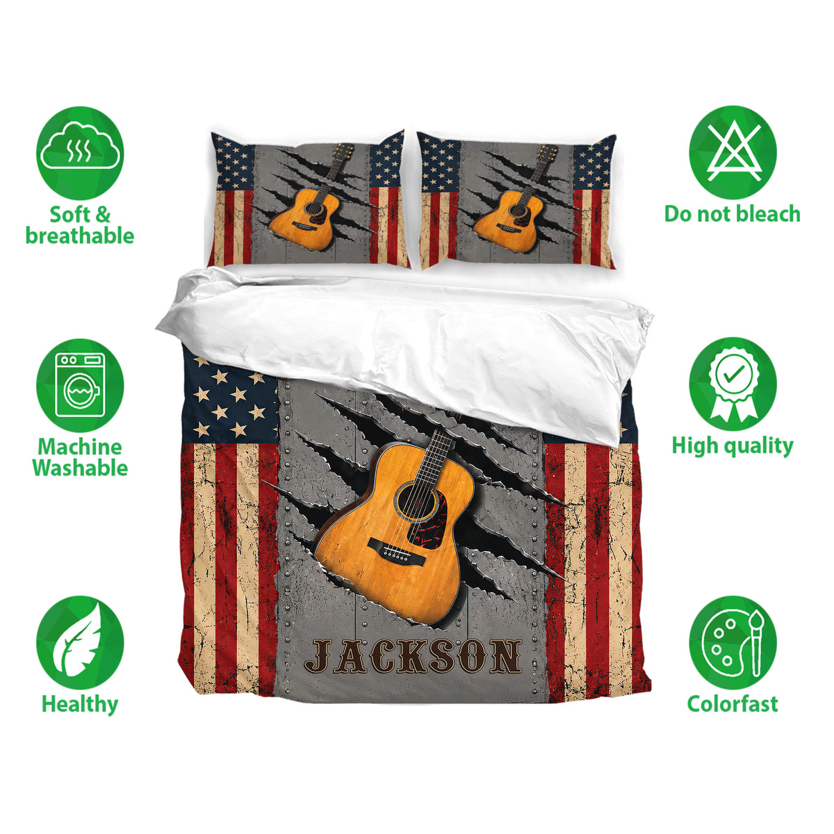 Guitar bedding set featuring acoustic guitar artwork with patriotic colors and breathable fabric details