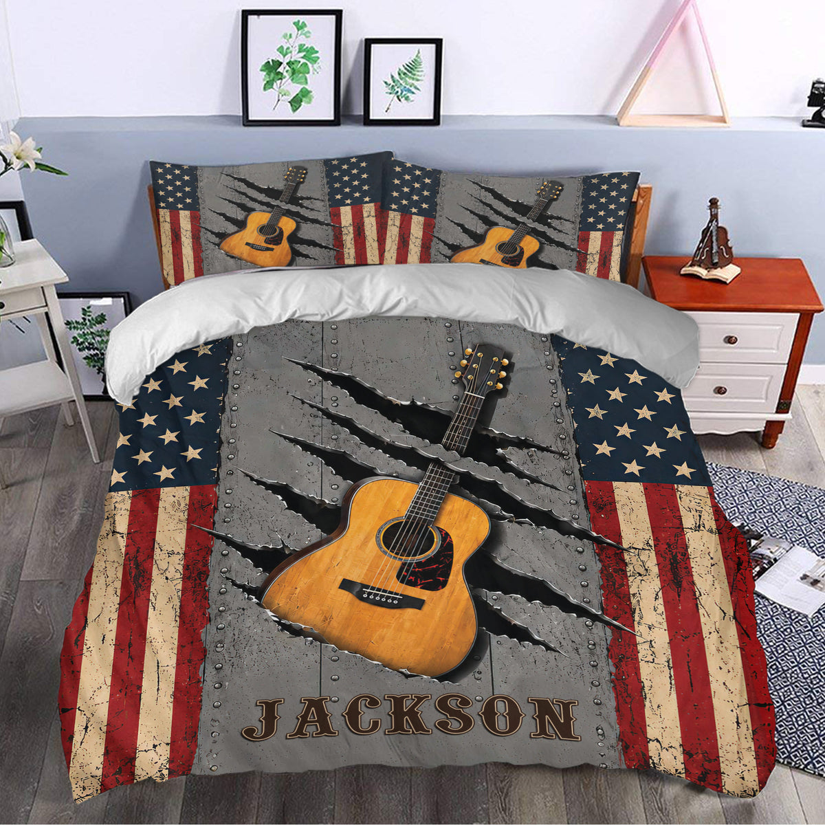 Acoustic guitar duvet cover styled in a modern bedroom with star and stripe artwork