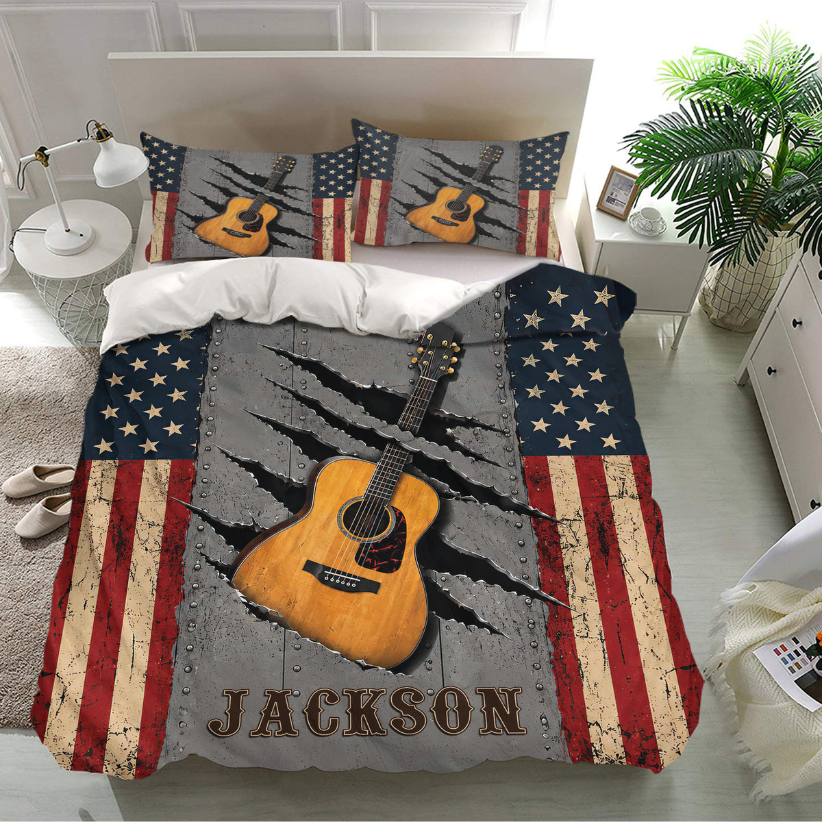 Rustic guitar bedding set displayed in a bright bedroom with acoustic guitar and star artwork