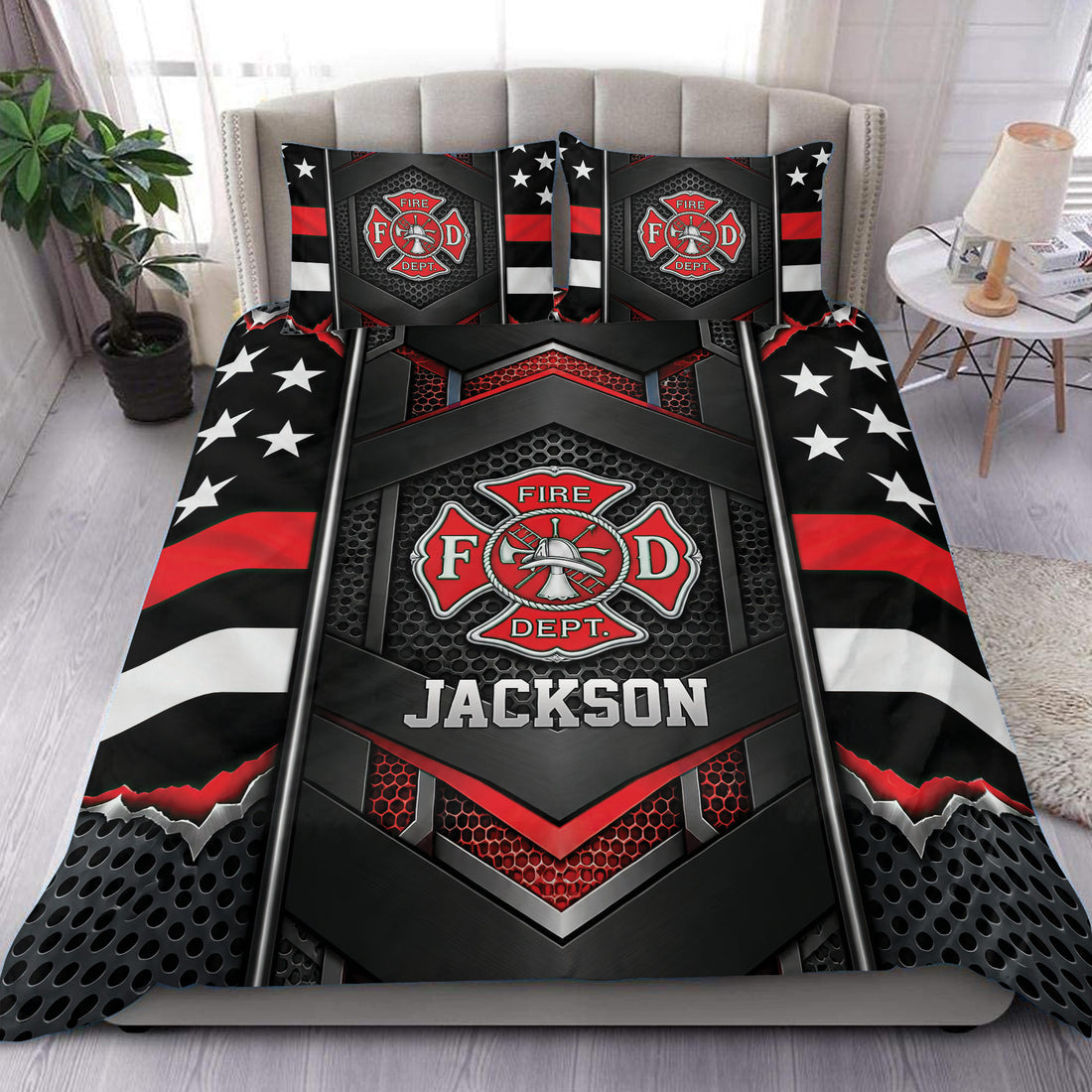 Firefighter duvet cover bedding set displayed on a bed with red and black fire department artwork