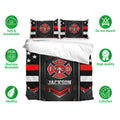Firefighter bedding set shown with matching pillowcases and bold red, black, white, and gray artwork