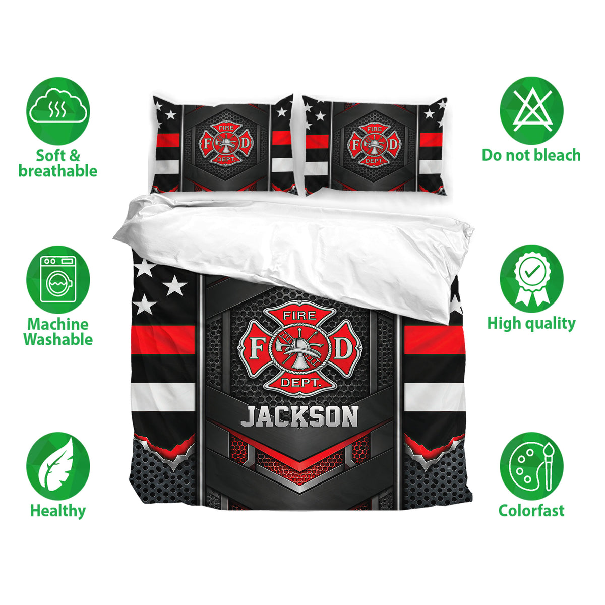 Firefighter bedding set shown with matching pillowcases and bold red, black, white, and gray artwork