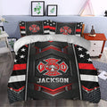 Firefighter duvet cover styled in a bedroom with fire department emblem artwork and star accents