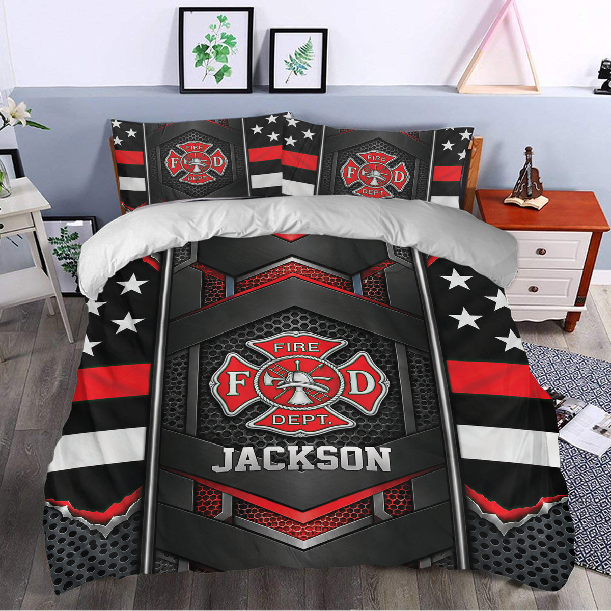 Firefighter duvet cover styled in a bedroom with fire department emblem artwork and star accents