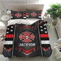 Firefighter bedding set displayed in a bright bedroom with matching pillows and dramatic red and black design