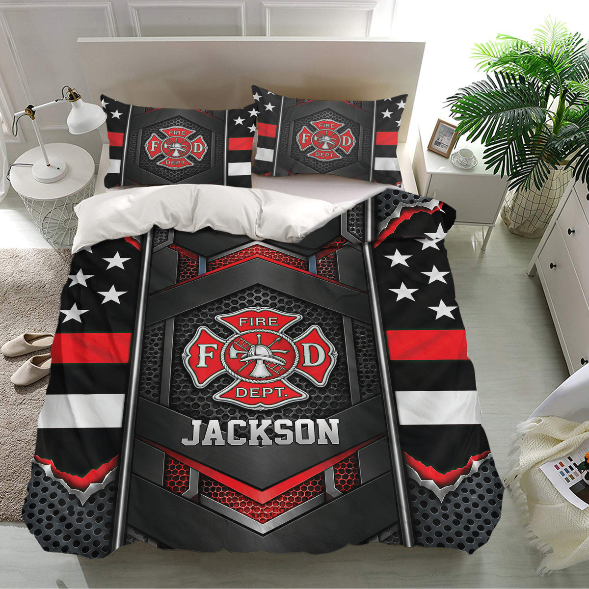 Firefighter bedding set displayed in a bright bedroom with matching pillows and dramatic red and black design