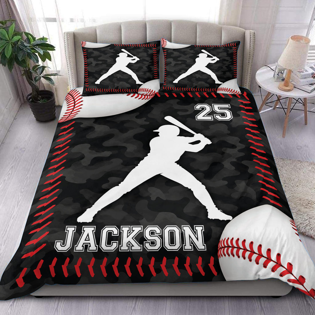 Custom baseball duvet cover set with black camouflage, red stitching, and batter silhouette design