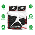 Baseball duvet cover bedding set displayed with matching pillowcases in black, white, and red