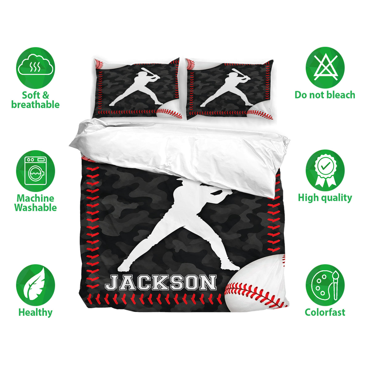 Baseball duvet cover bedding set displayed with matching pillowcases in black, white, and red