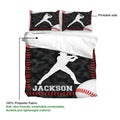 Baseball bedding set detail showing printable side, soft fabric, and bold batter artwork