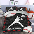 Baseball duvet cover styled in a bedroom with black camouflage, red stitching, and batter artwork