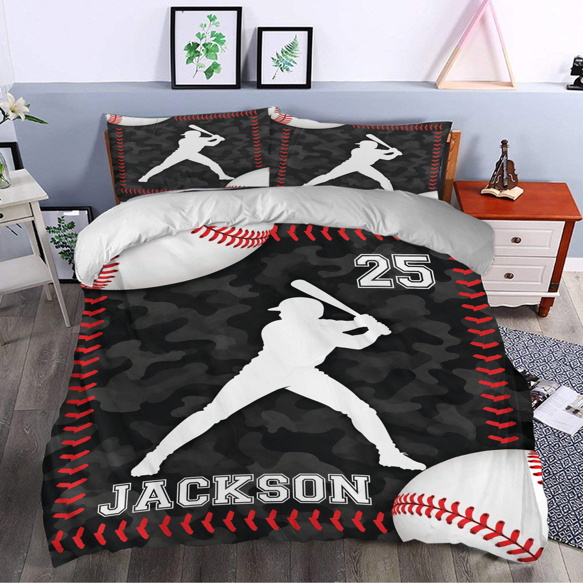 Baseball duvet cover styled in a bedroom with black camouflage, red stitching, and batter artwork