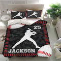 Custom baseball bedding set with striking black and red design, matching pillows, and sports decor appeal