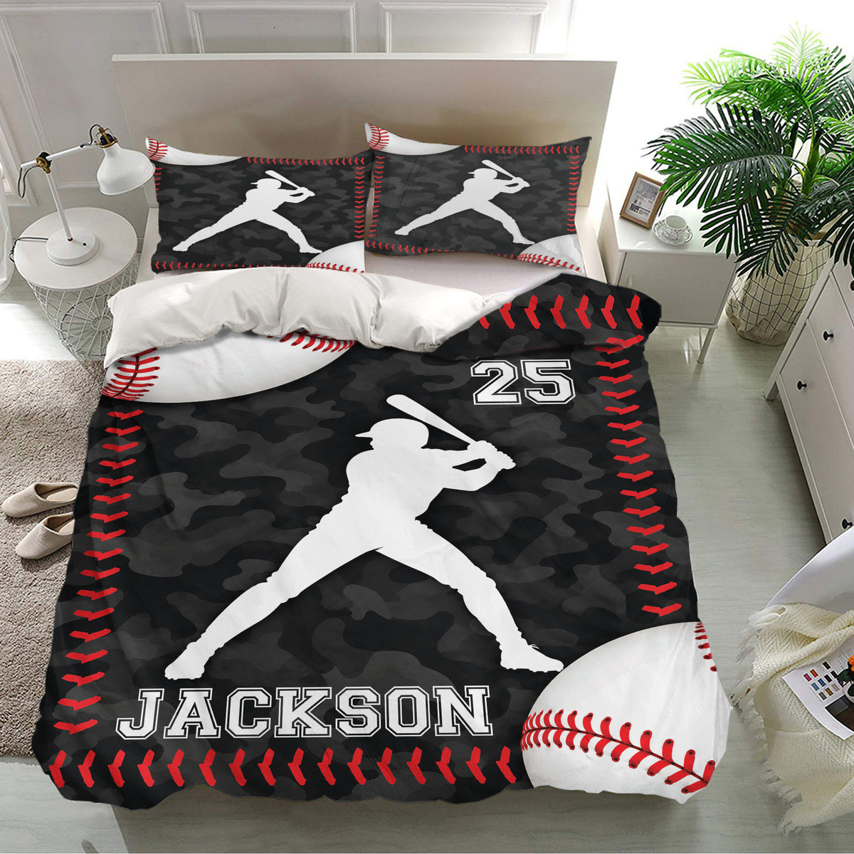 Custom baseball bedding set with striking black and red design, matching pillows, and sports decor appeal