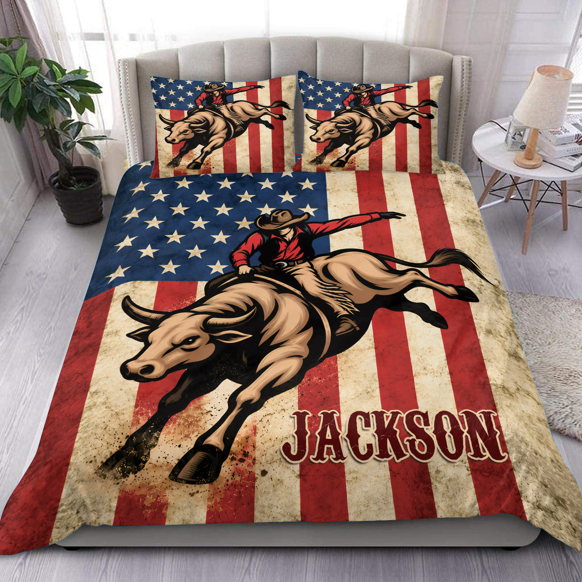 Rodeo duvet cover set displayed on a bed with a cowboy riding a bucking bull over a rustic flag design