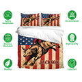 Rodeo duvet cover bedding set with cowboy and bull artwork, rustic flag colors, and breathable fabric callouts