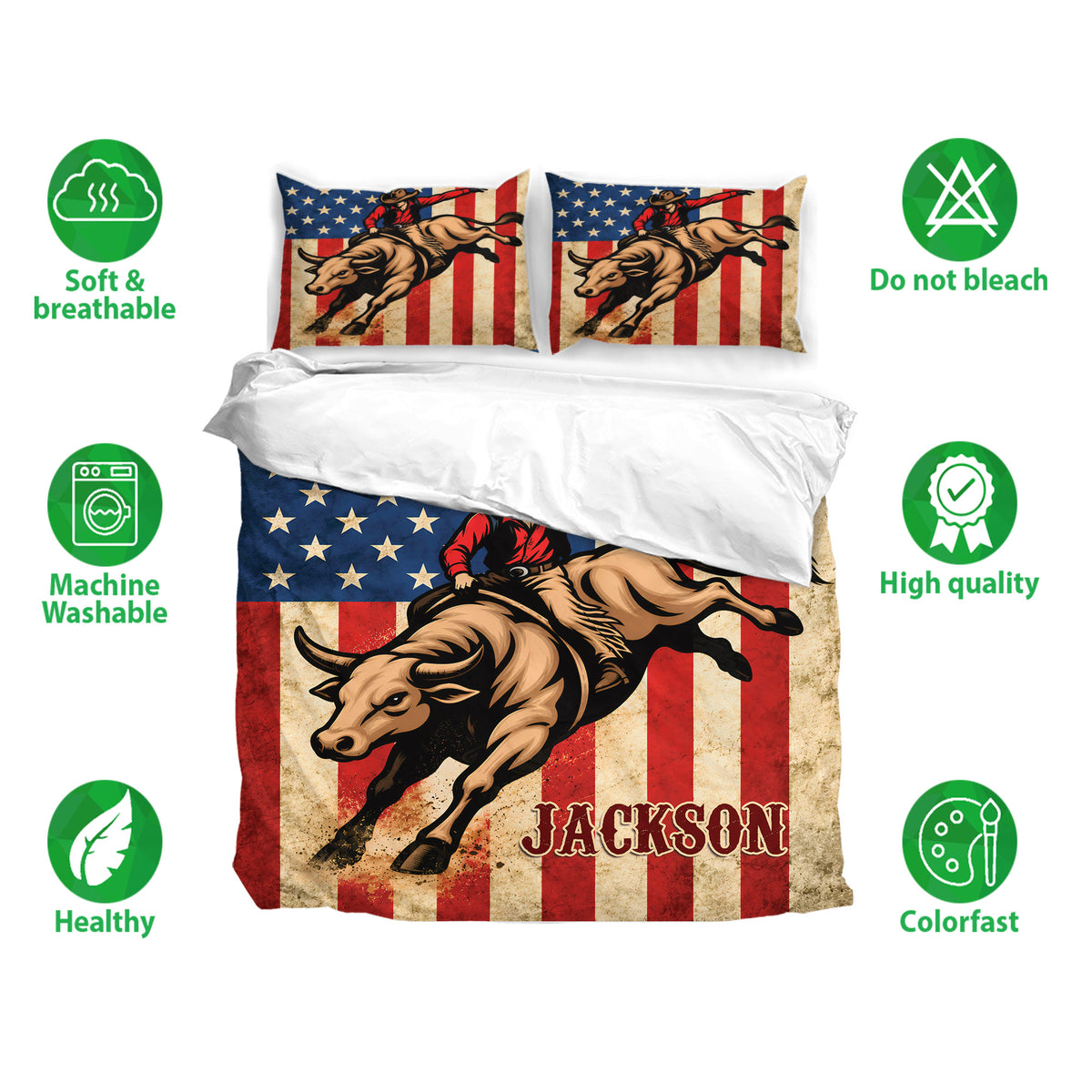 Rodeo duvet cover bedding set with cowboy and bull artwork, rustic flag colors, and breathable fabric callouts