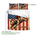 Rodeo duvet cover set detail showing the printed side, bold bull rider artwork, and fabric information